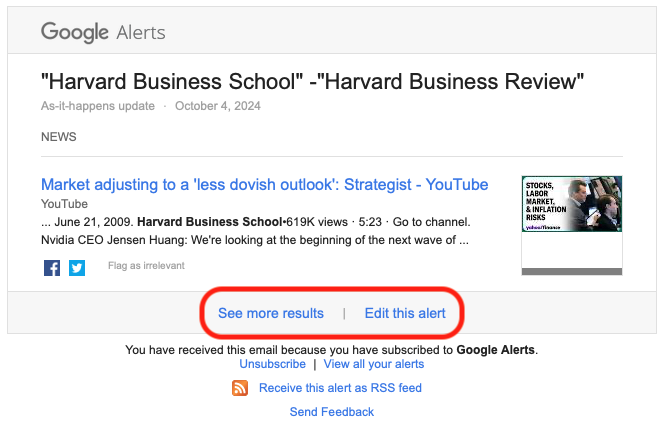 Links that allow you to edit an alert from the bottom of a results email