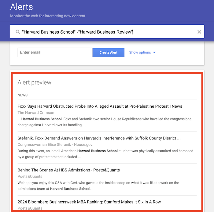 The preview pane that appears as you're setting up Google Alerts