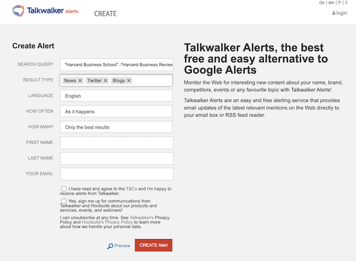 Talkwalker alert setup showing News, Twitter and Blogs