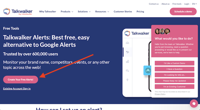 Talkwalker Alerts landing page with a button to create free alerts