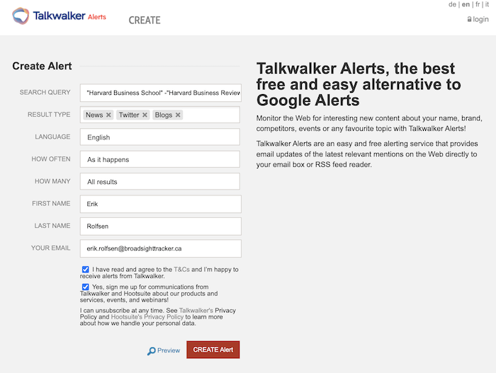 Form for setting up alerts on Talkwalker