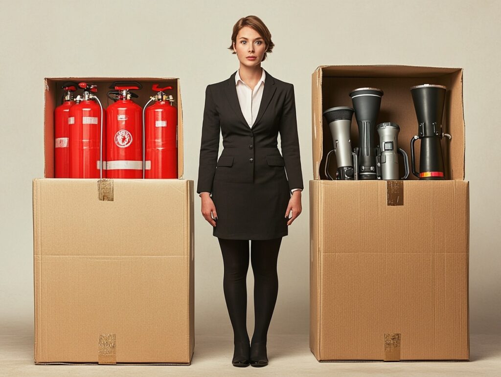 Illustration of a woman who leads a communications team standing between a large box of fire extinguishers representing issues management and a large box of megaphones representing proactive media relations