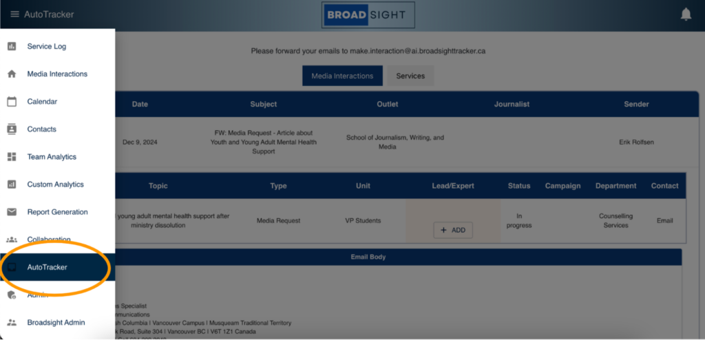 Broadsight interface showing the AutoTracker link in the left menu