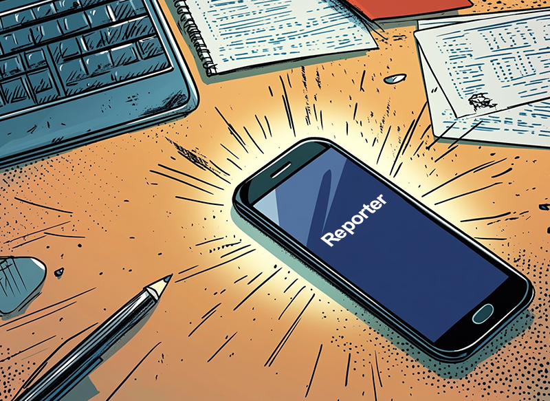 Comic book image of a smartphone vibrating on a desk, with the caller ID'd only as Reporter